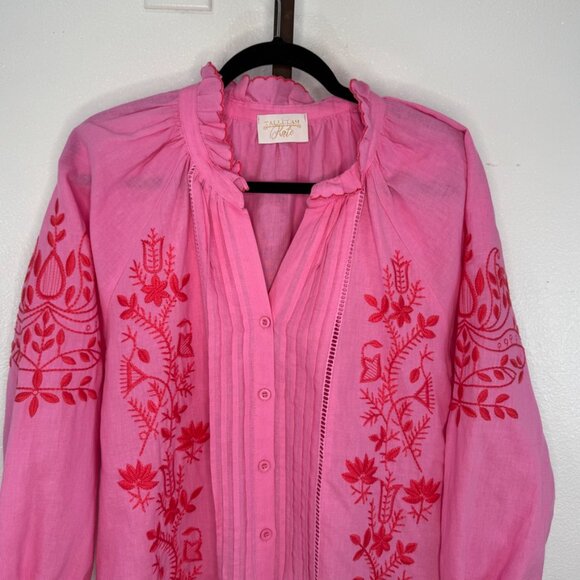 Tallulah Kate Boutique Bright Pink Linen/Cotton Embroidered Peasant Blouse SZ S - Picture 3 of 11
